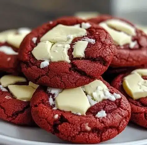 Homemade red velvet cookies arranged on a plate with cream cheese frosting