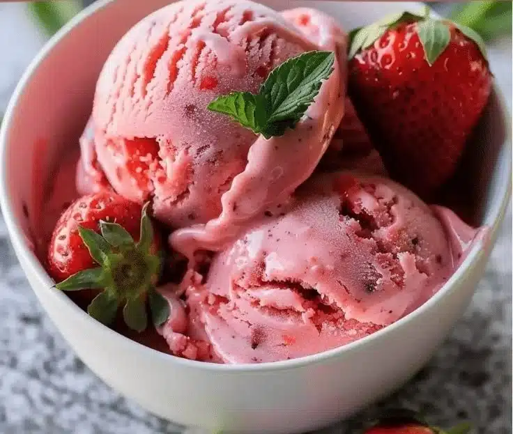 Delicious homemade strawberry ice cream in a bowl with fresh strawberries