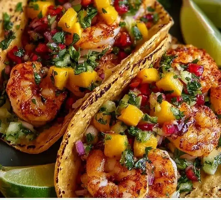 Honey Chipotle Shrimp Tacos served on a plate with fresh toppings