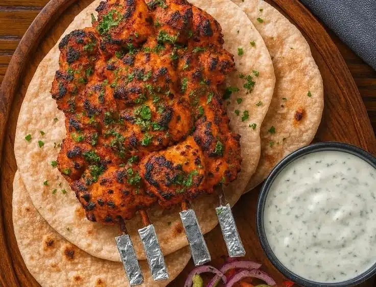 Delicious Indian Tandoori Chicken Tikka Kebab skewers served on a plate.