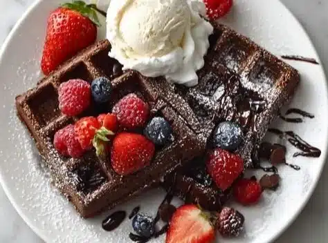 Deliciously stacked chocolate waffles drizzled with chocolate sauce.