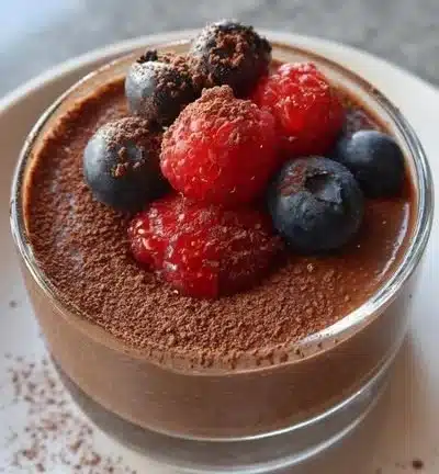 Keto chocolate chia pudding in a glass topped with chocolate chips and berries