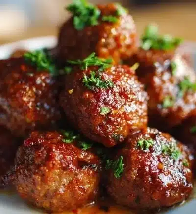 Plate of keto garlic butter meatballs garnished with herbs