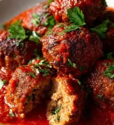 Plate of tasty Keto Meatballs topped with herbs and sauce