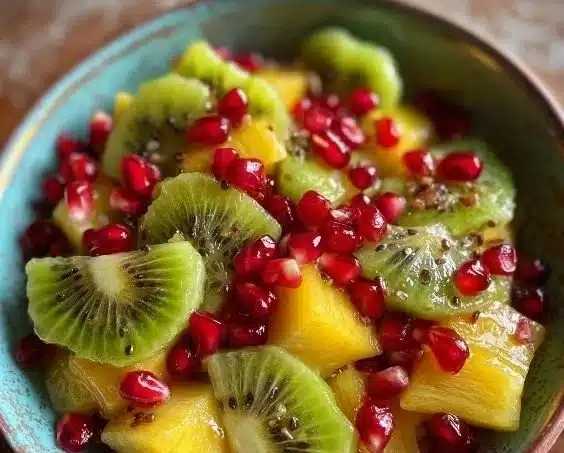 Colorful Kiwi Mango Pomegranate Fruit Salad in a bowl