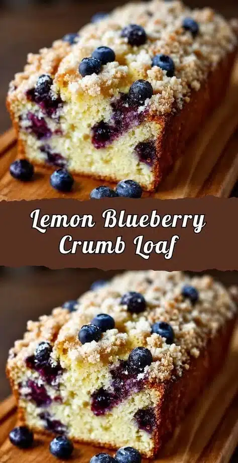 Lemon Blueberry Crumb Loaf with a golden crumb topping and blueberries