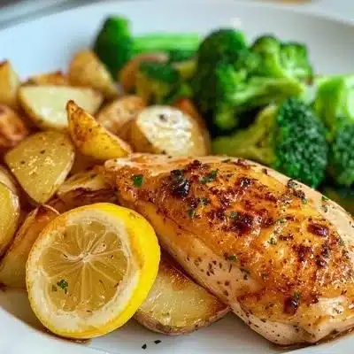 Lemon Garlic Chicken served with potatoes and broccoli on a plate.