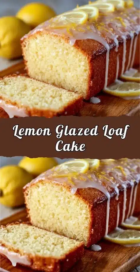 Lemon Glazed Loaf Cake with bright lemon glaze on top, served on a white plate.