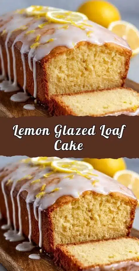 Lemon Glazed Loaf Cake with a shiny citrus icing on a wooden table