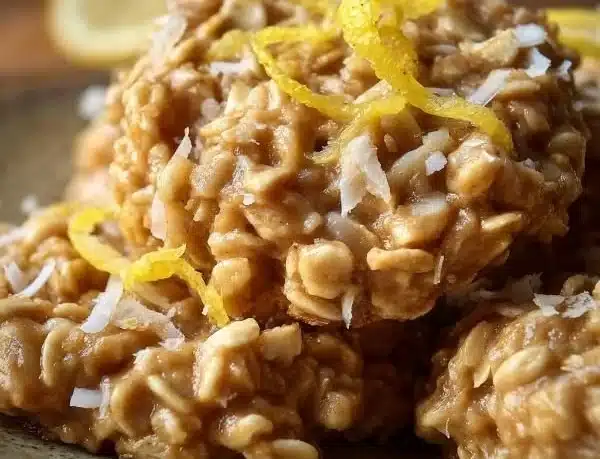 Lemon Oatmeal No-Bake Cookies on a plate with fresh lemons