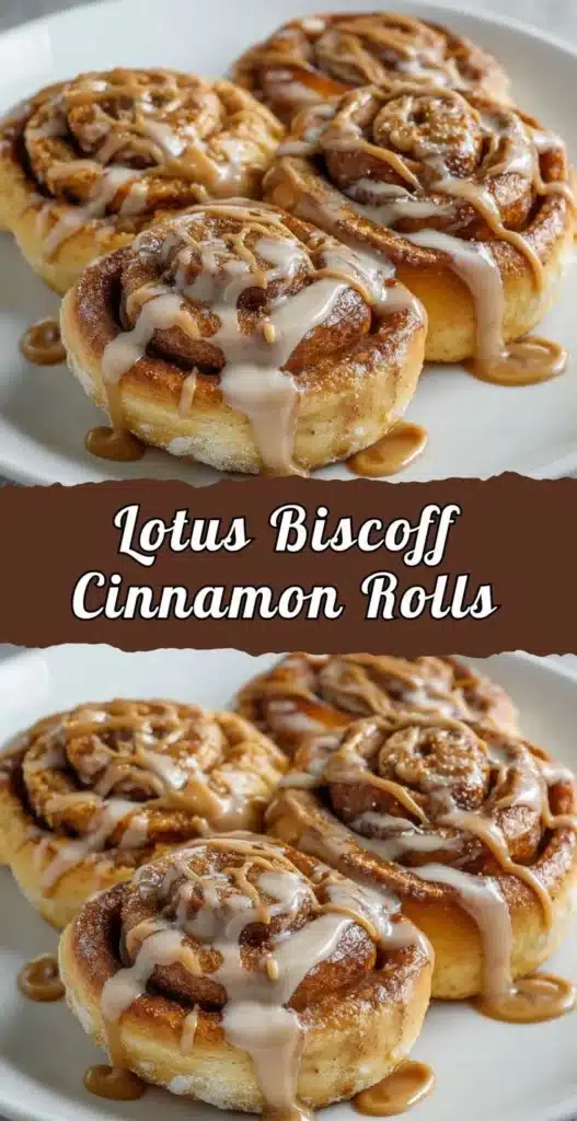 Lotus Biscoff cinnamon rolls topped with icing and caramel drizzle