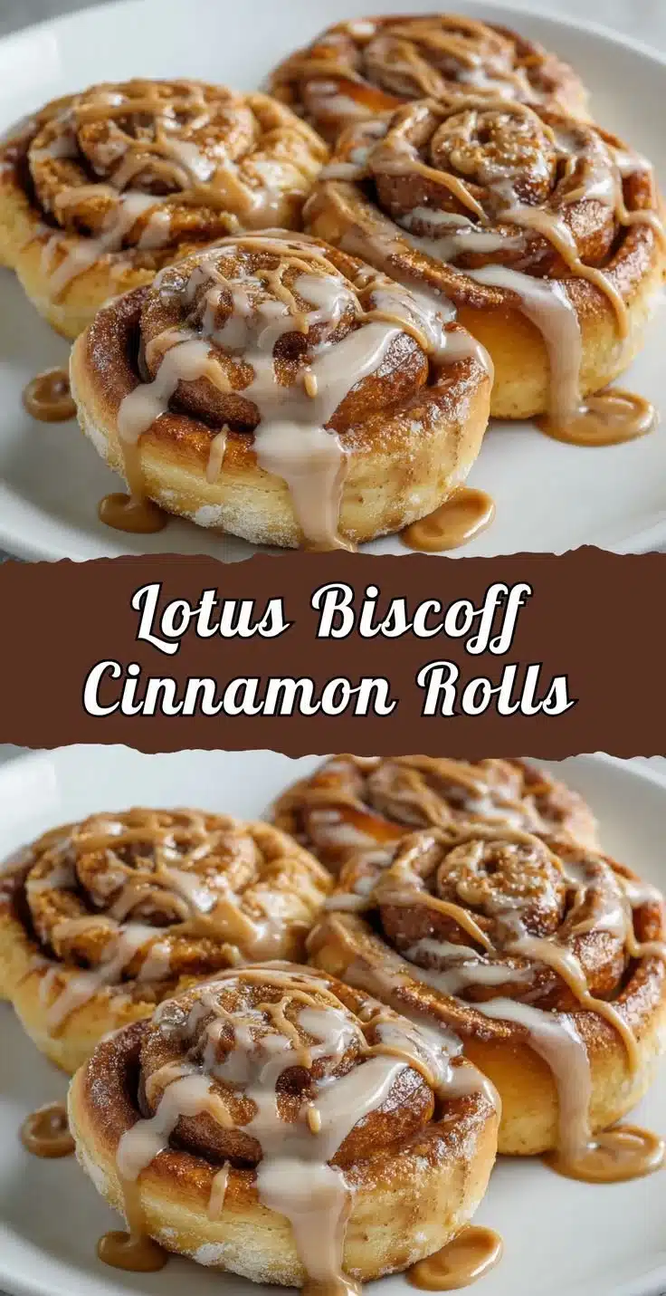 Lotus Biscoff cinnamon rolls topped with icing and caramel drizzle