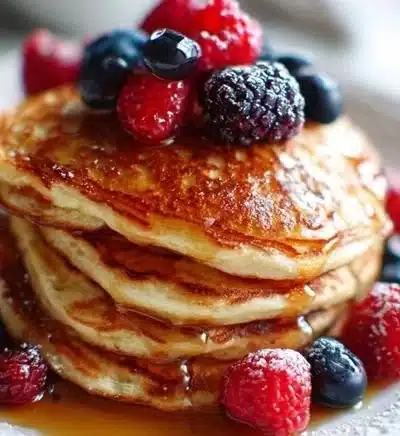 Delicious low carb protein pancakes stacked on a plate with fresh berries