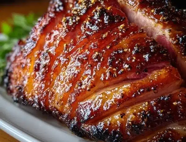 Delicious Maple Bourbon Glazed Ham served on a festive table