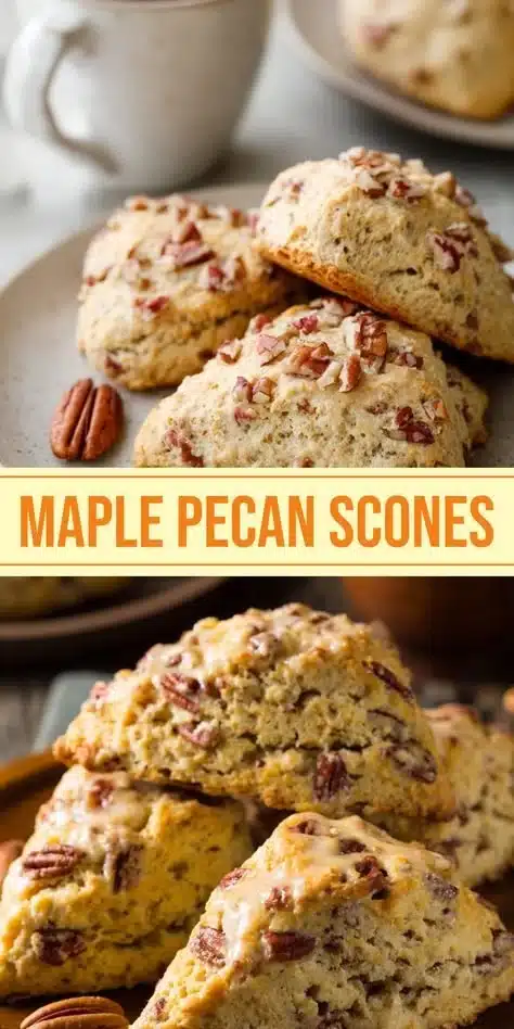 Freshly baked maple pecan scones on a wooden table