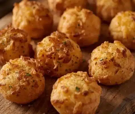 Crispy and cheesy mashed potato cheese puffs served on a plate