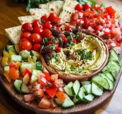 Mediterranean bruschetta and hummus platter garnished with fresh ingredients