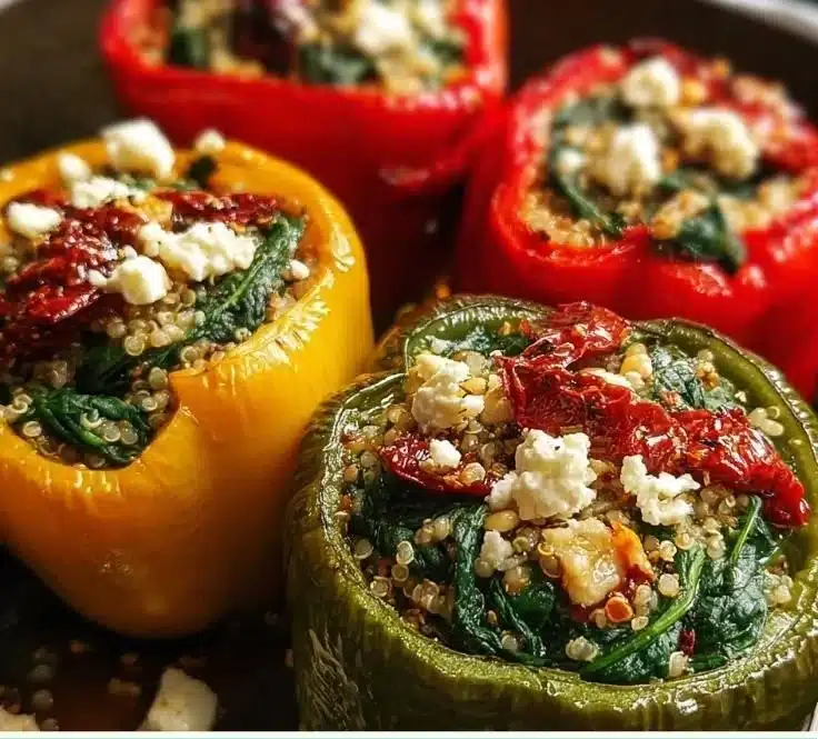 Mediterranean spinach and feta stuffed peppers on a plate