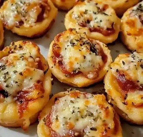 Mini chicken pizza bites topped with cheese and herbs for a tasty snack