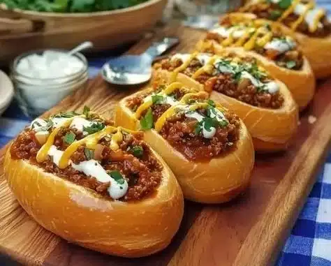 Mini football-shaped chili bread bowls filled with delicious chili.