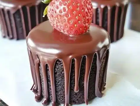 Mini strawberry chocolate cakes decorated with fresh strawberries and chocolate drizzle.