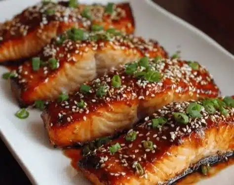 Miso Glazed Roasted Salmon 2 Miso glazed salmon fillet roasted to perfection on a plate