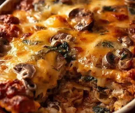 Delicious Mushroom Spinach Lasagna with layers of cheese and fresh ingredients