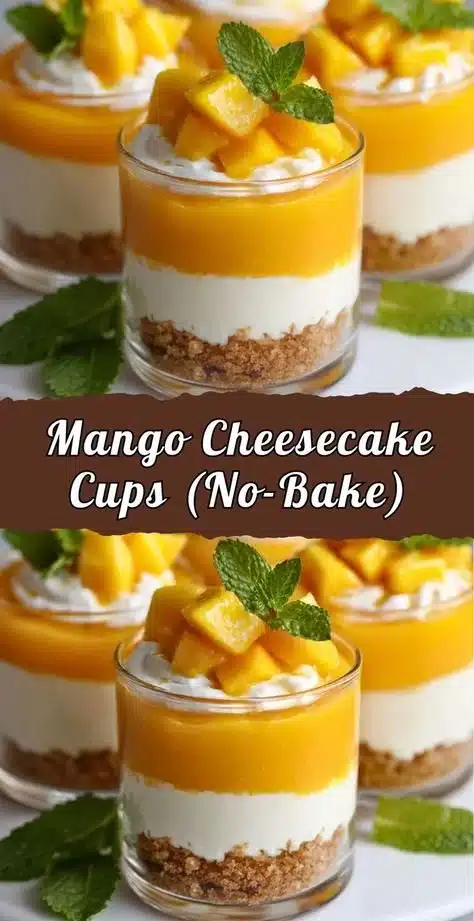 No-bake mango cheesecake cups topped with fresh mango slices.