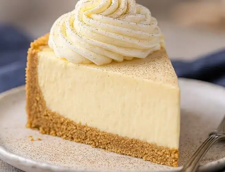 Slice of creamy Nutmeg Eggnog Cheesecake topped with festive nutmeg sprinkle