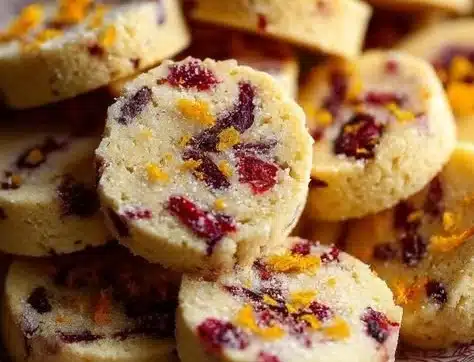 Delicious orange cranberry shortbread cookies arranged on a plate