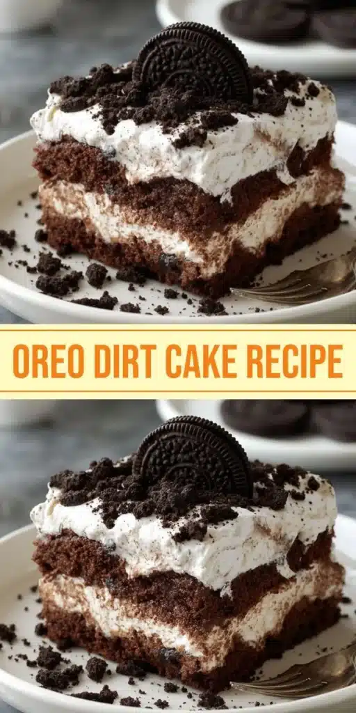 Delicious Oreo Dirt Cake topped with crushed Oreos and chocolate pudding