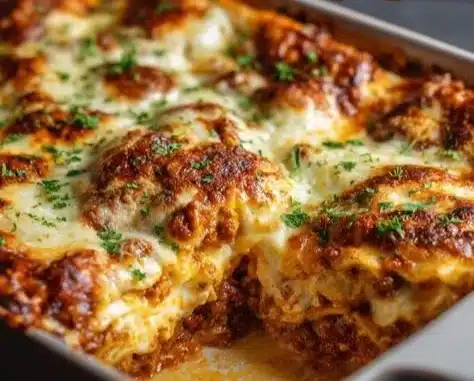 Delicious oven baked beef lasagna with layers of meat sauce and cheese