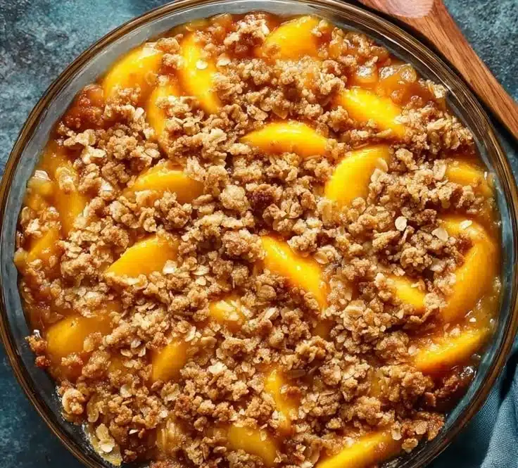 Baked Peach Crisp topped with a golden crunchy layer and fresh peach slices.