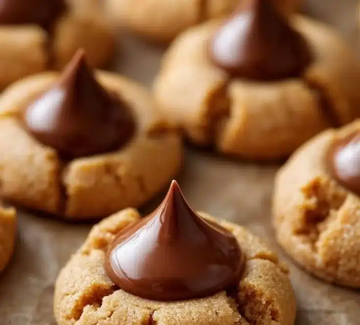 Freshly baked Peanut Butter Blossoms cookies topped with chocolate kisses