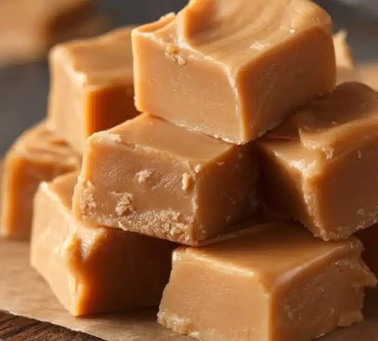 Delicious homemade peanut butter fudge cut into squares on a wooden table.