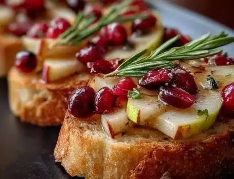 Pear Brie Cranberry Crostini topped with fresh pears and cranberries on toasted bread.