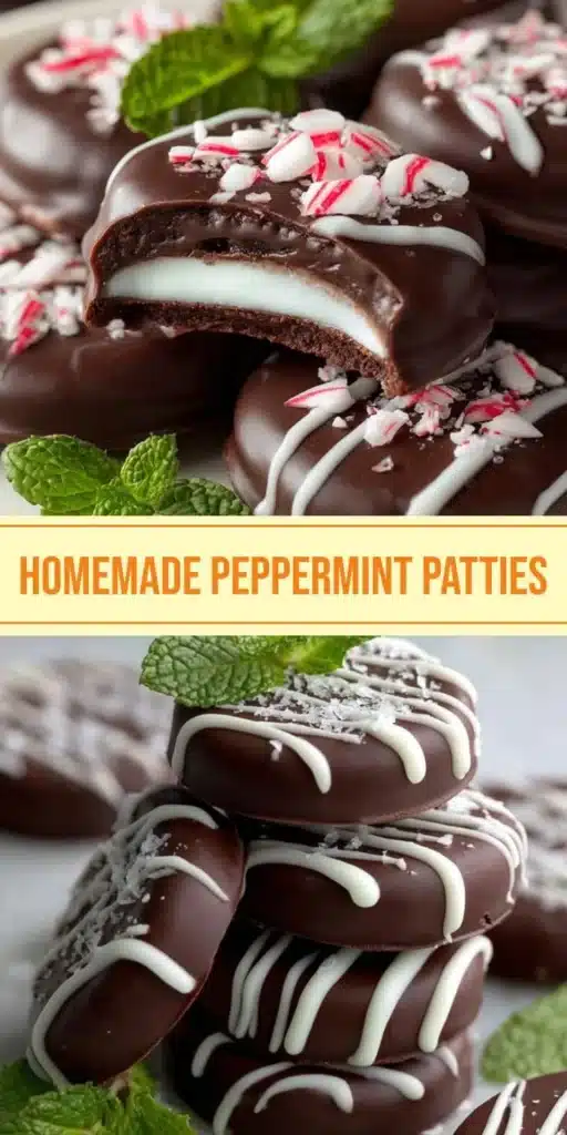 Homemade peppermint patties on a plate with mint leaves