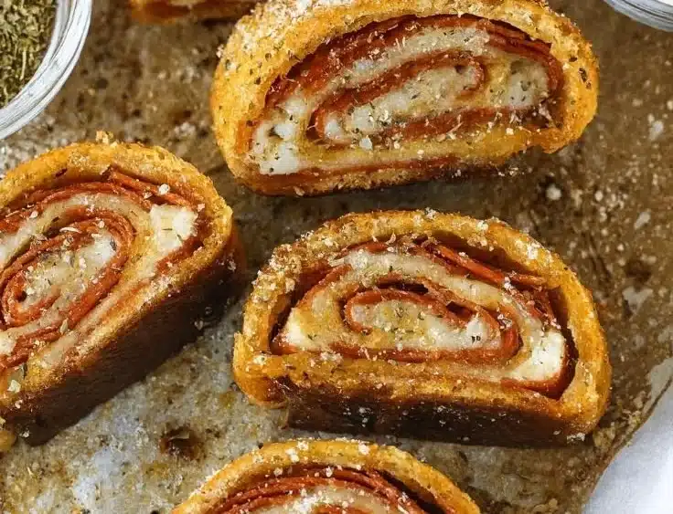 Homemade pepperoni rolls on a wooden table, ready to be served.