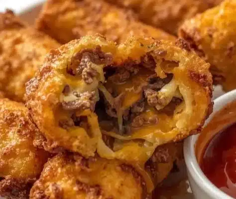 Delicious Philly cheesesteak egg rolls served with dipping sauce