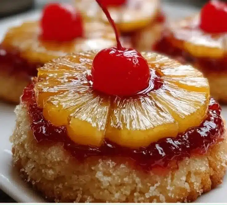 Pineapple Upside Down Sugar Cookies on a plate, garnished with cherries.