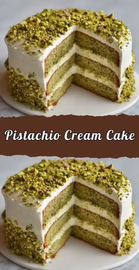 Delicious Pistachio Cream Cake topped with creamy frosting and pistachio nuts