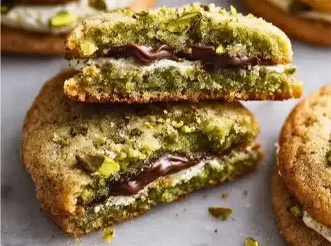 Pistachio cream filled cookies on a plate with a glass of milk