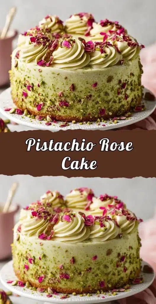 A beautifully decorated Pistachio Rose Cake topped with edible flowers and nuts.