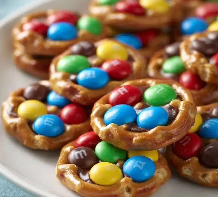 Delicious Pretzel Hugs M&M Treats with chocolate and pretzels