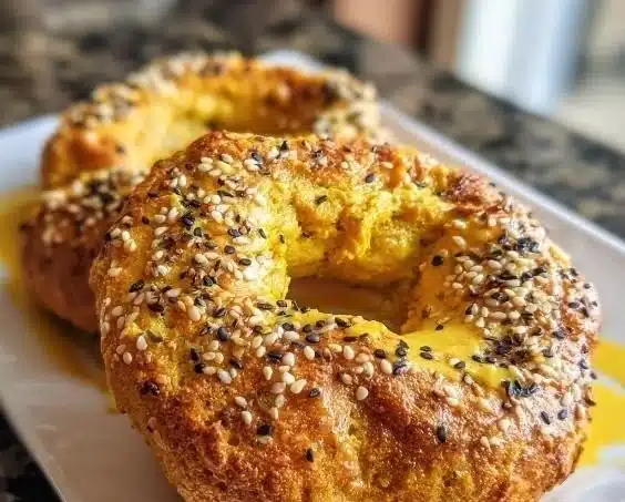 Protein bagels topped with turmeric golden milk for a nutritious breakfast.
