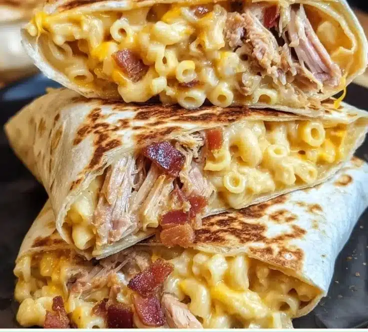 Pulled pork mac and cheese wraps on a wooden table