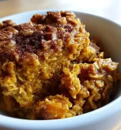Delicious pumpkin baked oatmeal served in a bowl topped with nuts and spices.