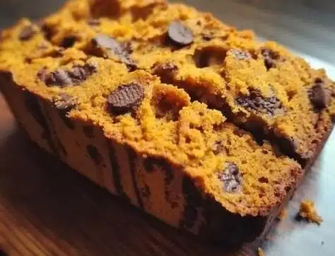 Loaf of moist Pumpkin Chocolate Chip Bread with chocolate chips and pumpkin