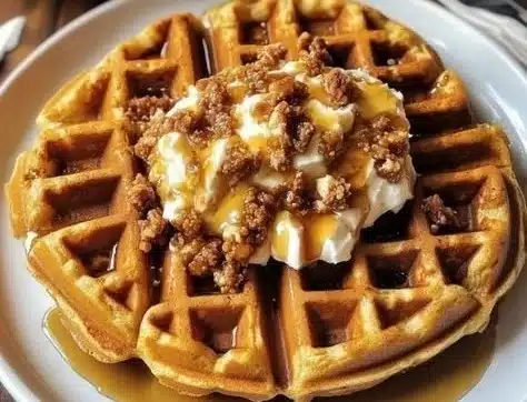 Delicious pumpkin waffles topped with syrup and whipped cream