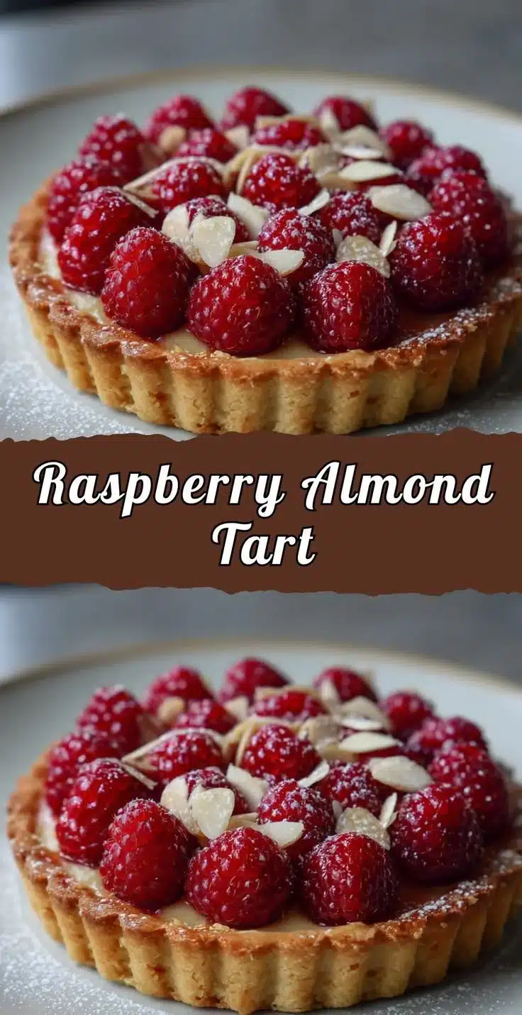 Delicious Raspberry Almond Tart with fresh raspberries and almond topping.